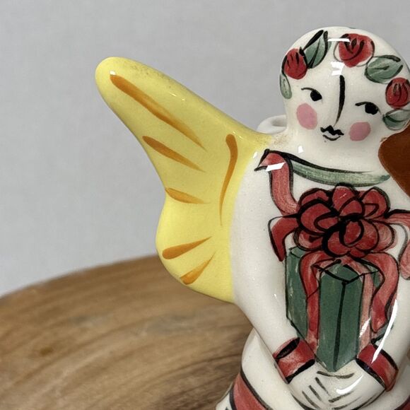 Vintage White Dog Pottery Christmas Angel Poinsettia Gift Figurine Candle Holder - Picture 2 of 14